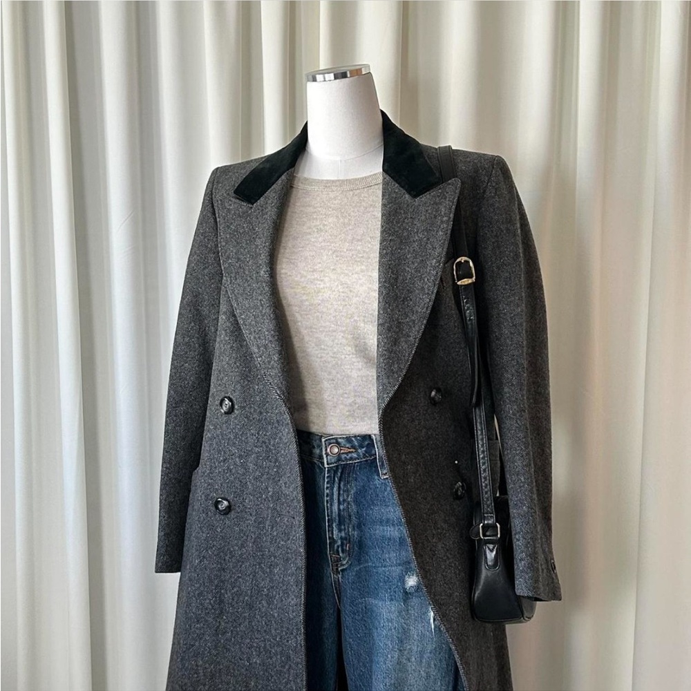 VTG 80s Double Breasted Mister Coats by David Baker Wool Herringbone Overcoat. - Picture 3 of 9